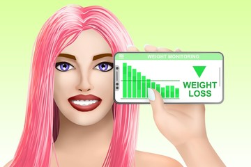 Concept weight loss. Drawn nice girl on colourful background. Illustration