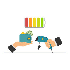 The concept of charging the car, Payment for charging the car. Car charger connector in hand man in exchange for money. Vector illustration.