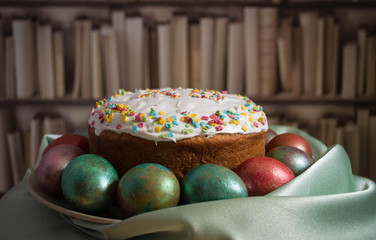 easter cake and eggs in basket