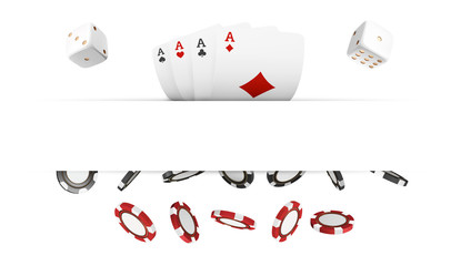 Casino red and black chips and cards isolated on white realistic  3d objects. Online casino banner with place for text. Realistic poker chips dice and cards in the air. Gambling concept