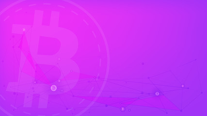 Digital money, bitcoin on the pink-purple network background.