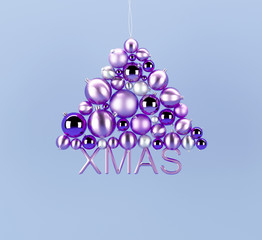 3d rendering Cristmas concept: Christmas tree made from blueand silver christmas balls. Creative Christmas concept. Xmas text