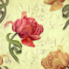 Tulips - flowers and leaves. Spring flowers. Seamless pattern. Background image. Watercolor. Collage of flowers, leaves and buds on a watercolor background.