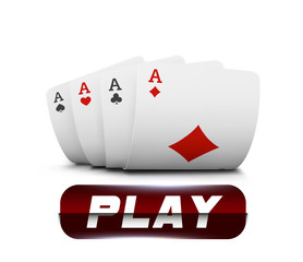 Playing cards for poker in casino. Gambling concept on white background. Poker casino play button  illustration.