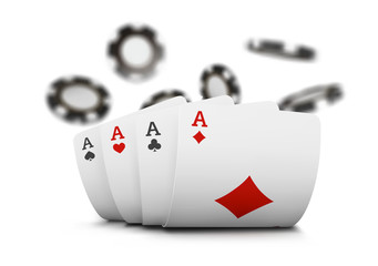 Playing cards and poker chips fly casino. Concept on white background. Poker casino  illustration