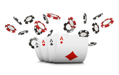 Playing cards and poker chips fly casino. Concept on white background. Poker casino  illustration. Red and black realistic chip in the air. Gambling concept, poker mobile app icon