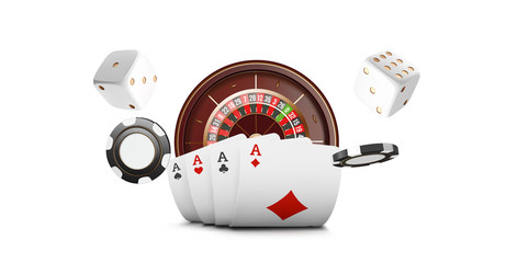 Obraz premium Playing cards and poker chips fly casino. Casino roulette concept on white background. Poker casino illustration. Red and black realistic chip in the air. Gambling poker mobile app icon.