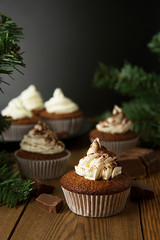 Chocolate cupcakes with whipped cream on rustic wooden table. Homemade dessert.