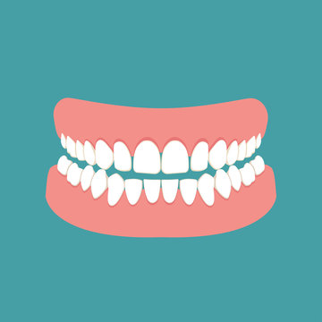Denture Icon. Icon Gums With Teeth Or Dentures. Dental Prosthesis, Tooth Orthopedics Sign, Teeth Image, Icon Dental. Vector Illustration.