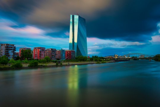 European Central Bank, ECB. am Main, Cloudy sky at dusk, Frankfurt am Main, Hesse, Germany, Europe