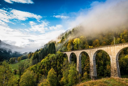 Railway bridge in the Ravenna gorge, Hollental in autumn, near Freiburg im Breisgau, Black Forest, Baden-Wurttemberg, Germany, Europe