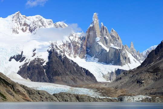 Laguna Torre with Cerro Torre and Cerro Adela with glacier, Los Glaciares National Park, El Chalten, Province of Santa Cruz, Argentina, South America