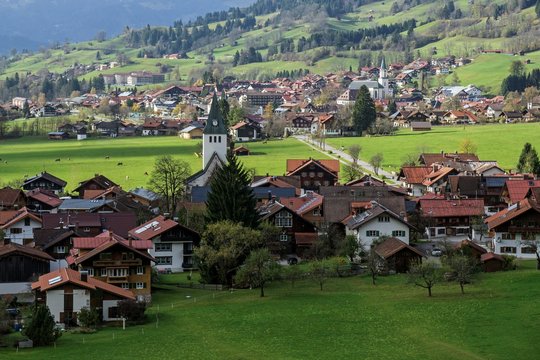 View of Bad Oberdorf in the Ostrachtal, in the back Bad Hindelang, Allgau, Bavaria, Germany, Europe