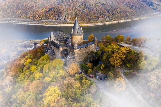 Drone shot, castle of Stahleck, Bacharach, Upper Middle Rhine Valley, Rhineland-Palatinate, Germany, Europe