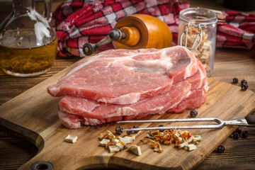 Slices of raw pork neck.
