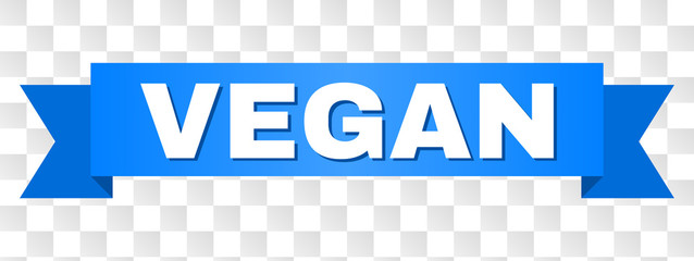 VEGAN text on a ribbon. Designed with white title and blue stripe. Vector banner with VEGAN tag on a transparent background.