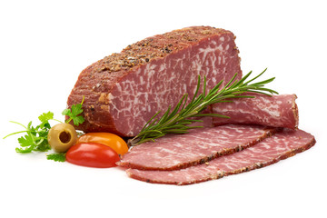 Premium Japanse Marble Meat with herbs and tomatoes, isolated on a white background. Close-up