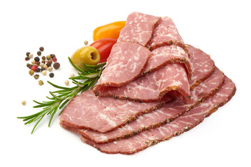 Jerked Marbled meat Black Angus Steak Ribeye with herbs, spices and tomatoes, isolated on a white background. Close-up