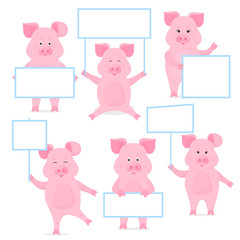 Pigs hold a blank sign, clean poster, empty signboard, banner. Cute piggy.
