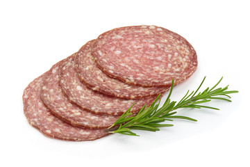 Italian Salami Slices with herbs, isolated on a white background. Close-up