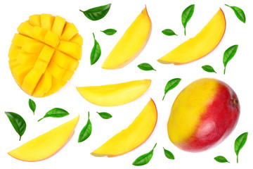 Mango fruit decorated with leaves isolated on white background close-up. Top view. Flat lay