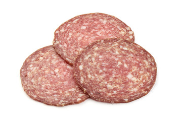 Italian Salami Slices, isolated on a white background. Close-up