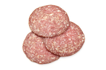 Salami Smoked Sausage Slices, isolated on a white background. Top view