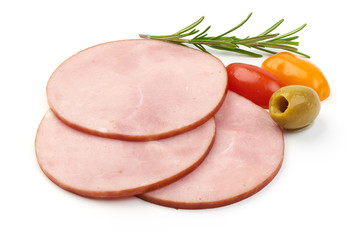 Sliced Fresh Pork Ham with herbs and tomatoes, isolated on a white background. Close-up