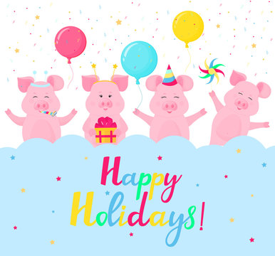 Funny pigs at a party. Happy Holidays hand lettering. Greeting card design. Gift box, striped hat, whistle, pinwheel.