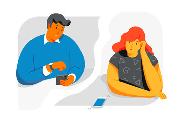 Man and woman look at the phone and wait for a call from each other. flat style design vector illustrations. Eps 10