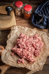 Minced meat on wooden background.