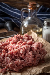 Minced meat on wooden background.