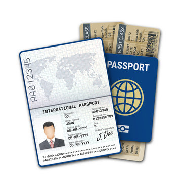 International passport and airline boarding pass ticket. Male passport template with biometric data identification and sample of photo, signature and other personal data. Vector illustration