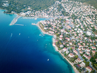 aerial view of island, Krk island, Croatia. Red roofs and Adriatic sea
