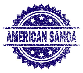 AMERICAN SAMOA stamp seal watermark with distress style. Blue vector rubber print of AMERICAN SAMOA title with corroded texture.
