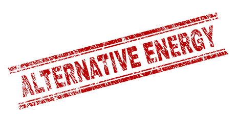 ALTERNATIVE ENERGY seal print with grunge texture. Red vector rubber print of ALTERNATIVE ENERGY tag with dirty texture. Text caption is placed between double parallel lines.