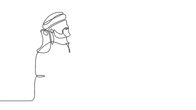 Continuous one line one drawn character line arab man in national costume Keffiyeh. Falconry, falcon on hand