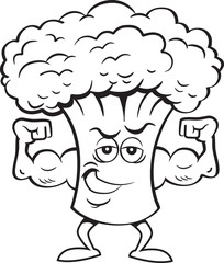 Black and white illustration of a broccoli flexing his muscles.