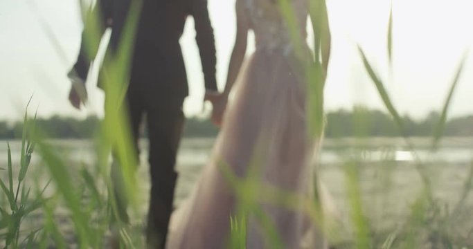 Young Bride and Groom are walking at the beach