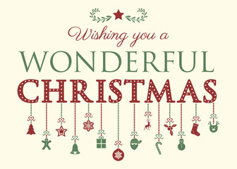 Christmas wishes with hanging decorations. Vector.