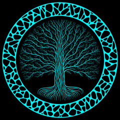Druidic Yggdrasil tree at night, round silhouette, black and blue logo. Gothic ancient book style, organic or stone wall frame