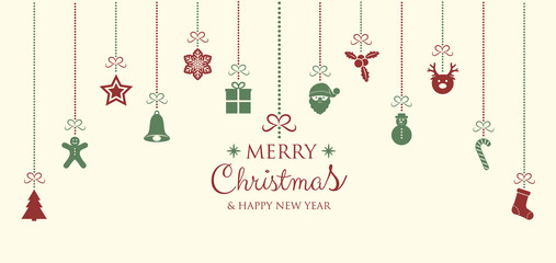 Fototapeta na wymiar Beautiful Christmas card with hanging decorations. Vector.