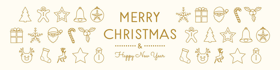 Merry Christmas and Happy New Year - card with hand drawn decorations. Vector.