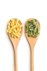 Uncooked spinach gemelli pasta.