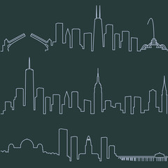 Chicago New York and Los Angeles Single Line Skylines