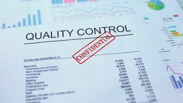Quality control confidential, stamping seal on official document, statistics