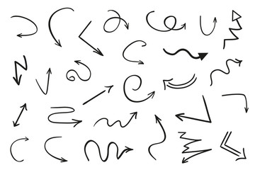 Hand drawn infographic elements on white. Abstract arrows. Line art. Set of different signs. Black and white illustration. Doodles for artworks