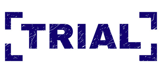 TRIAL tag seal print with grunge effect. Text tag is placed inside corners. Blue vector rubber print of TRIAL with grunge texture.