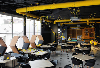 Interior industrial cement loft design concept modern cafe , restraunt. With place for children