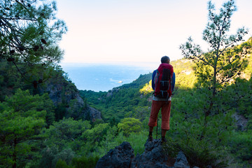 Naklejka premium Traveler with backpack stands on the cliff